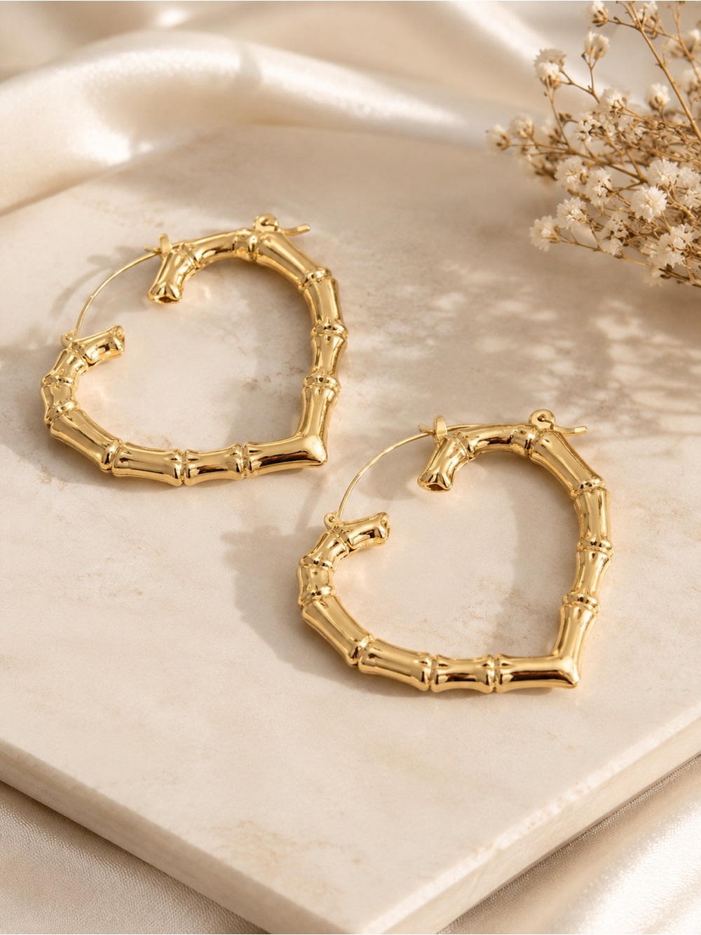 18K Gold filled Bamboo Heart Hoop Earrings - Women Jewelry